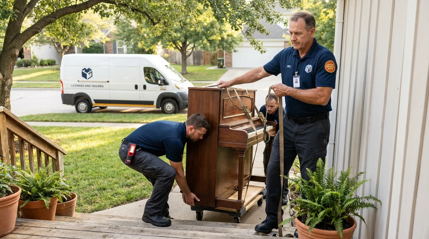 Licensed piano movers securing grand piano in Poplar Bluff, MO