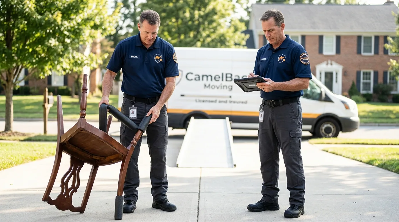 Movers inspecting furniture for damage prevention before loading in Poplar Bluff, MO
